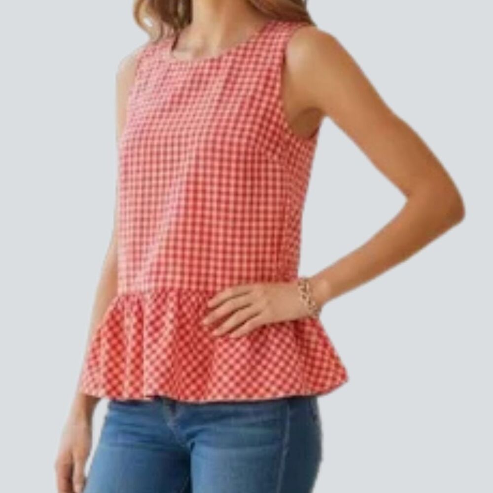 J.CREW Gingham Bow Back Peplum Tank Top Red Pink Plaid Size S